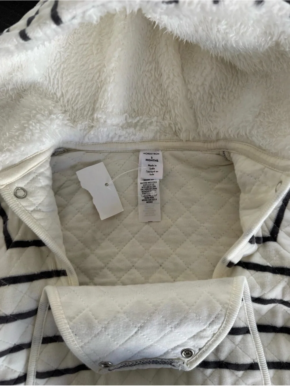 NWT Nordstrom Double Button Snap 1-Piece Hooded Suit White Gray Stripe, 3 Months